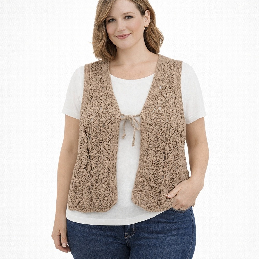 Cotton Emporium Crochet Knit Vest Small Tan Boho Tie Front Pointelle Festival